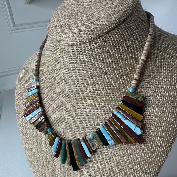 Boho Multicolor Shell Necklace – Natural Heishi Beads & Stone Slab Fan Pendant - Picture 3 of 5